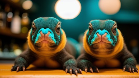 couple of lizards sitting on top of a wooden table next to each other