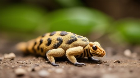 close up of a small lizard on a dirt ground with green leaves in the background