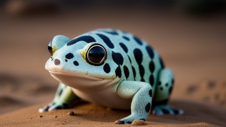 blue and black frog sitting on top of a dirt field next to a tree