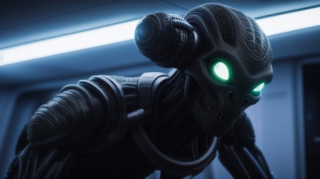 close up of a robot with glowing eyes in a dark room