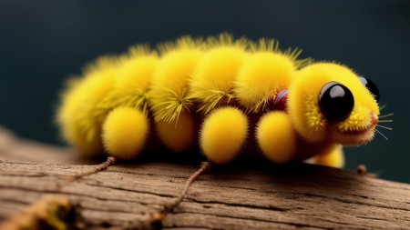 yellow caterpillar sitting on top of a piece of wood