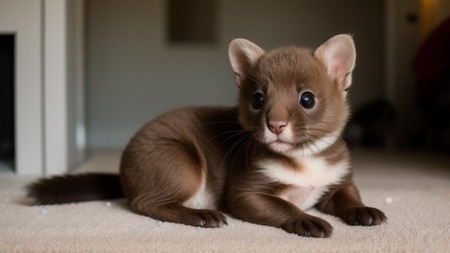 small brown cat sitting on top of a carpeted floor next to a door