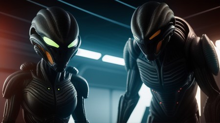 couple of alien men standing next to each other in a room
