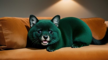 green cat laying on top of a couch next to a light