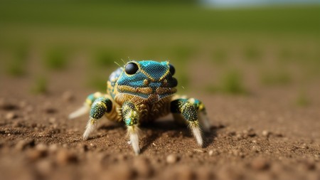 blue and yellow spider sitting on top of a dirt covered field