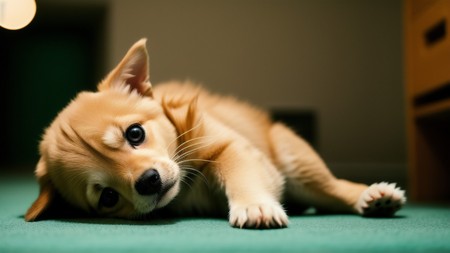 small brown dog laying on top of a green floor next to a dresser