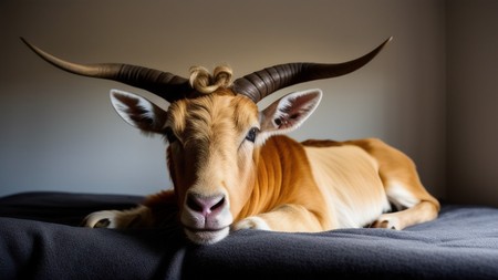 horned animal laying on top of a bed next to a wall