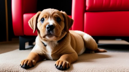 brown and white puppy laying on the floor next to a red couch