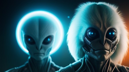 two alien heads with glowing blue eyes and long white hair are facing each other