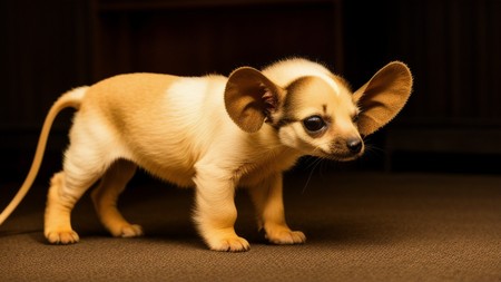 small dog with large ears standing on a carpeted floor next to a wall