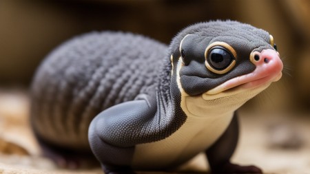 close up of a small animal on a dirt ground with a blurry background