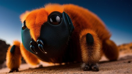 close up of a bug on the ground with a sky in the background