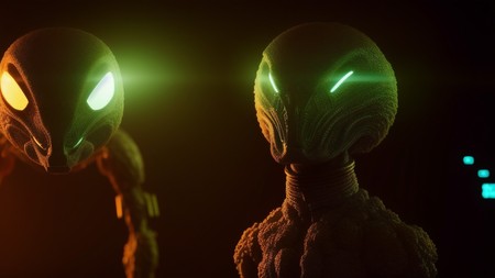 two alien heads with glowing eyes in a dark space with bright lights