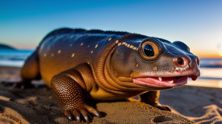 close up of a lizard on a beach with the sun in the background