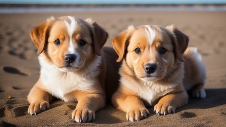 two brown and white puppies laying on top of a sandy beach