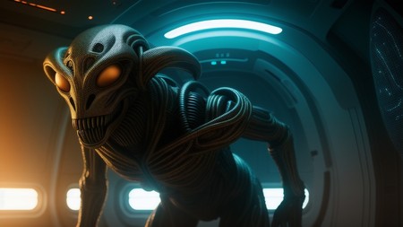 an alien creature with glowing eyes standing in a space station with lights on