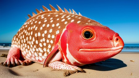 red and white fish sitting on top of a beach next to the ocean