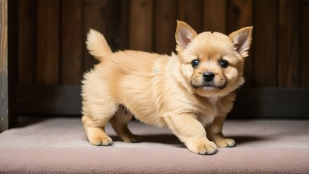 small brown puppy standing on top of a carpet next to a wooden wall