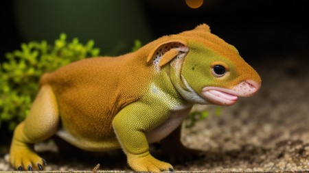 close up of a small lizard on a dirt ground next to a plant