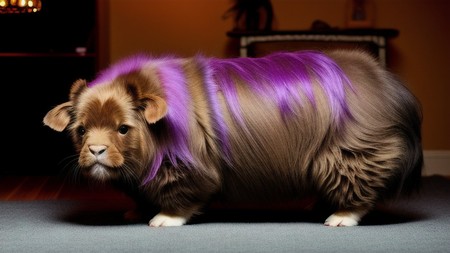 guinea pig with purple hair standing on a carpet in a living room