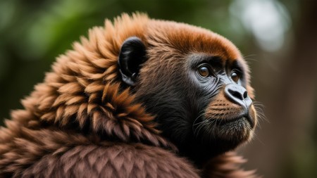 close up of a brown and black monkey's face with trees in the background