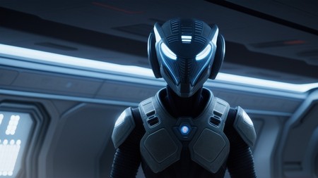 sci - fi character in a futuristic space station with glowing eyes