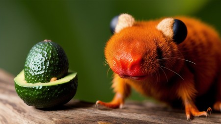 close up of a small animal next to an avocado