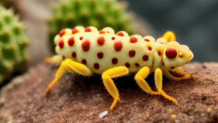 close up of a yellow and red bug on a rock next to a cactus