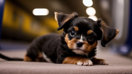 small black and brown puppy laying on the ground looking at the camera