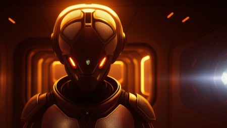 sci - fi character with glowing eyes in a dark space station