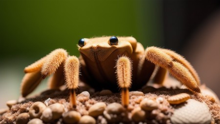 close up of a small crab on a pile of sand and sea shells