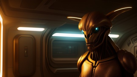 futuristic looking creature with glowing eyes in a dimly lit space station