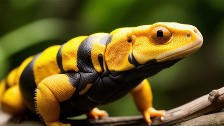 yellow and black lizard sitting on top of a tree branch in a forest