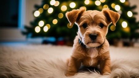 small brown dog sitting on top of a white rug in front of a christmas tree