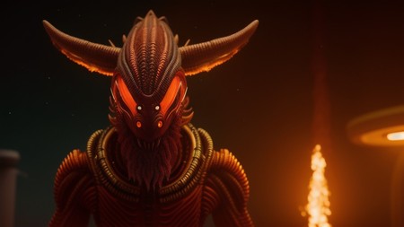 demonic looking creature with glowing eyes and horns in front of a flame