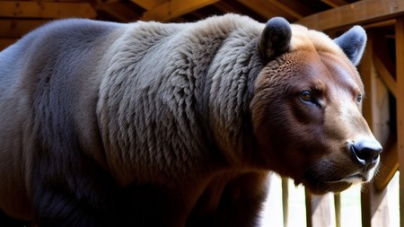 large brown bear standing next to a wooden structure in a barn