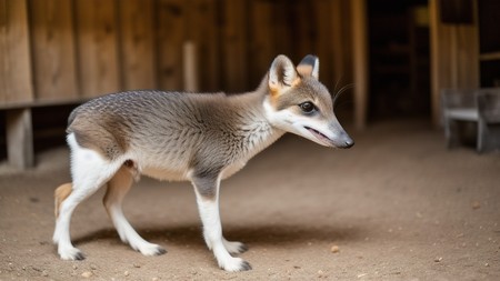 small animal standing on top of a dirt floor next to a wooden wall