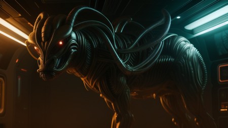an alien creature with glowing eyes standing in a dark room with neon lights