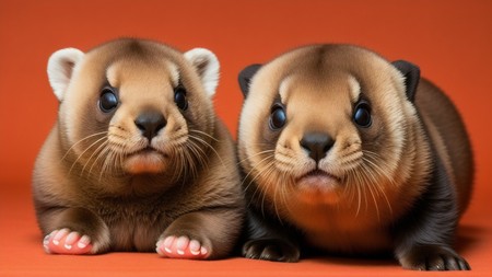 two ferrets sitting next to each other on an orange background