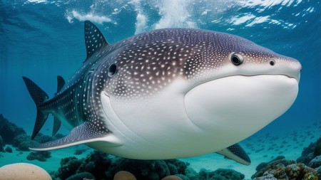 whale shark swims over a coral reef with rocks and corals