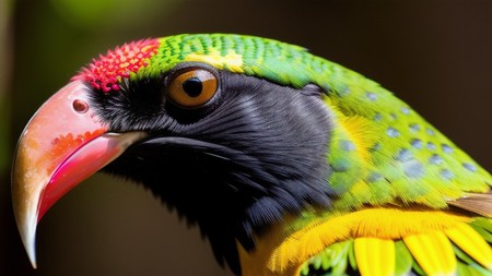 close up of a colorful bird with a red beak and a green head