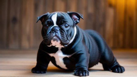 small black and white dog sitting on a wooden floor next to a wall