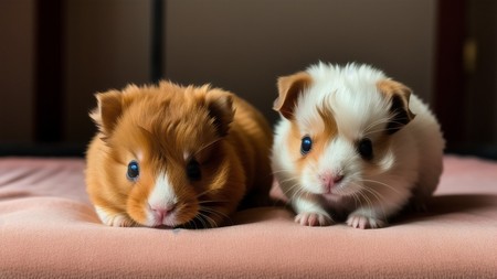 two brown and white hamsters are sitting on a pink bed sheet