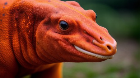 close up of an orange lizard with a smile on it's face