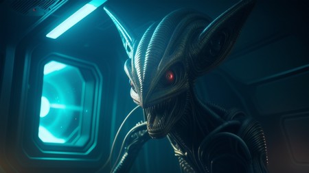 an alien looking creature in a spaceship looking out the window of a space station
