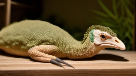 close up of a stuffed animal on a table with a plant in the background