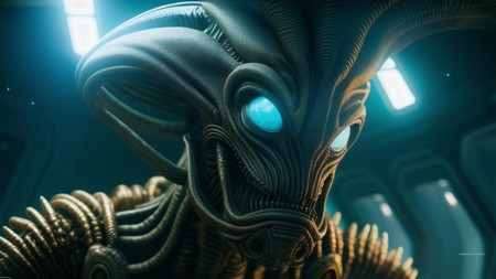 an alien creature with glowing blue eyes in a dark space with blue light