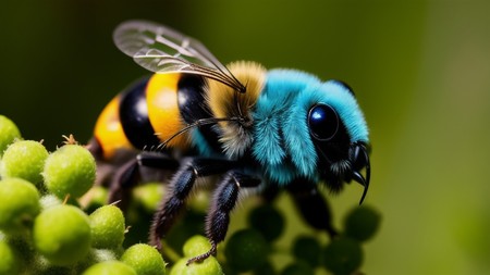 close up of a blue and yellow bee on a green plant