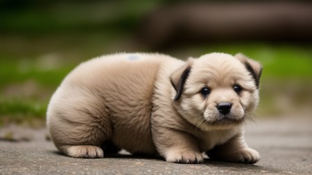 puppy is sitting on the ground looking at the camera with a sad look on its face