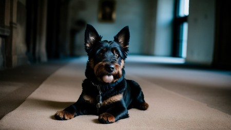 black and brown dog sitting on the floor in a room with a window